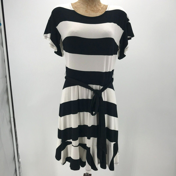 LOFT Dress Womens 2 Black Ivory Wide Stripe Flutter Sleeve Ruffle Hem Waist Sash - Picture 1 of 12